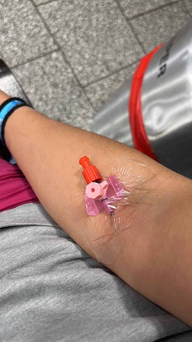 Hooked up to an IV at the hospital after the race