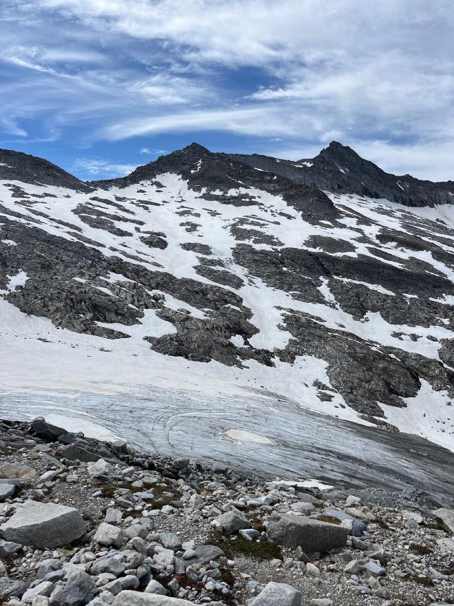 Looking up at the glacier and summit from the rocky approach