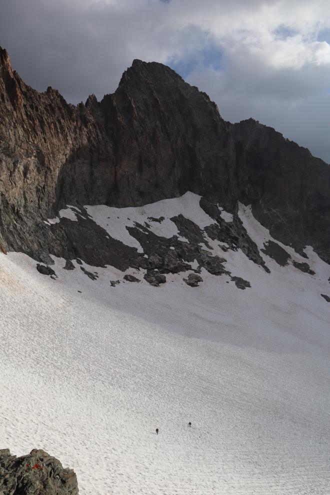 Crossing the snowfield on the approach to the Pointe des Bœufs Rouges