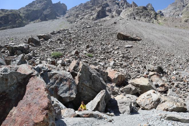 Boulders and scree on the approach