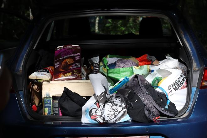 Grocery haul packed into the car in Briançon