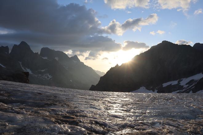 Sunrise over the Écrins from the glacier