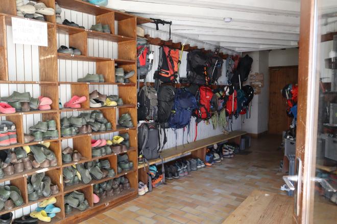 Boot and gear room at the Sélé refuge