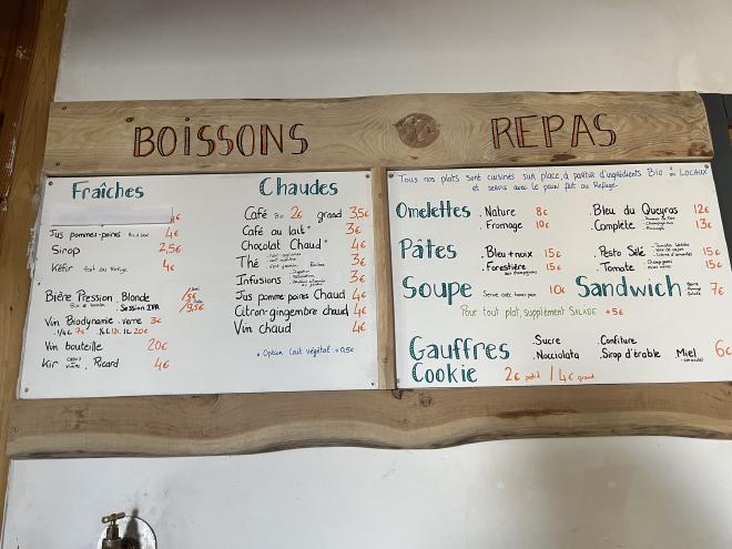Menu board at the Sélé refuge