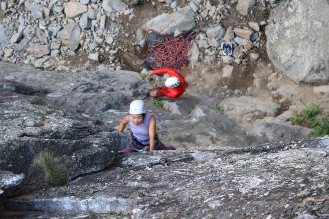 Leading a sport climb on the slab