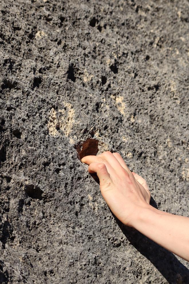 Hand gripping a pocket on dark Buoux limestone